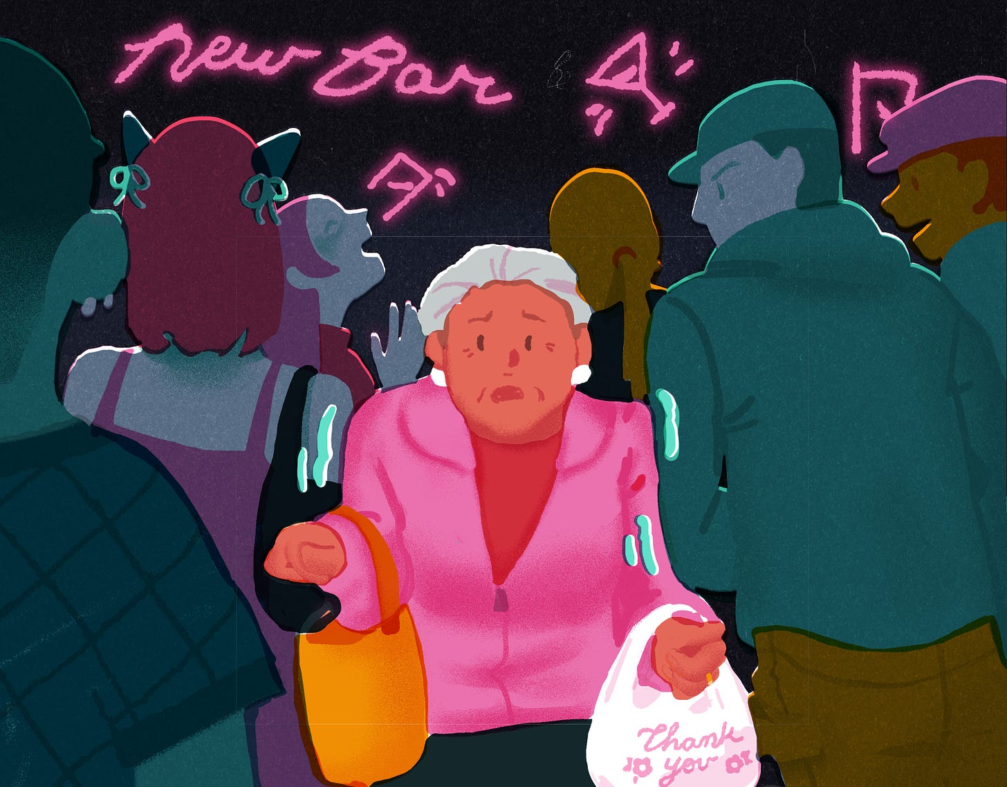 An older Latina woman carrying grocery bags looks anxious as she passes through a tight crowd of young trendy kids gathered under a neon sign that says “New Bar.” 