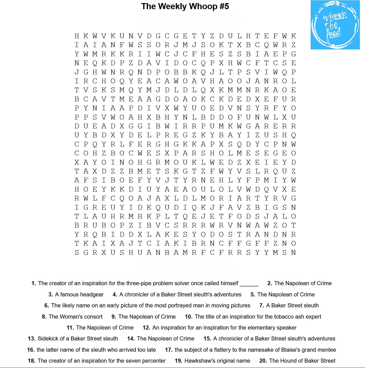 The word search grid for the fifth edition of whoop!'s weekend puzzle-solving contest