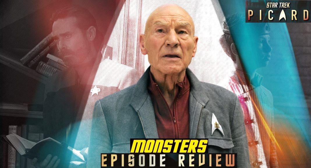This image shows a tripartite banner for Star Trek: Picard Season 2's seventh episode, titled "Monsters." Jean-Luc Picard (played by Sir Patrick Stewart) stands in this banner's center. To his left is an image of Jean-Luc's father, Maurice Picard (played by James Callis), who holds a book and wears a Starfleet uniform. To his right is an image of his younger self (played by Dylan Von Halle) dressed as a prince who wears a crown upon his head.