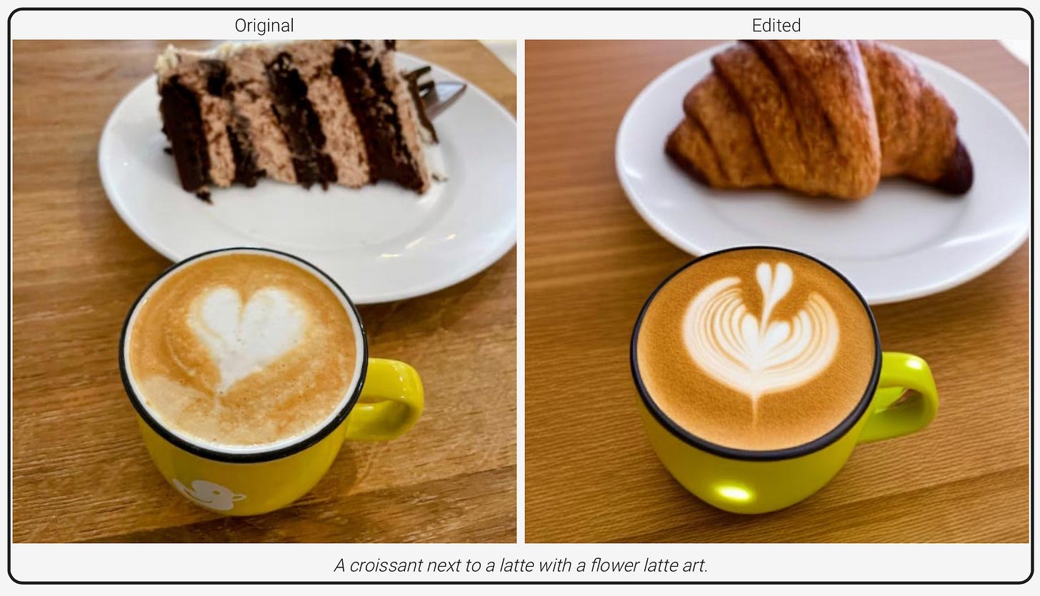 Muse text edit capabilities. “A croissant next to a latte with a flower latte art”