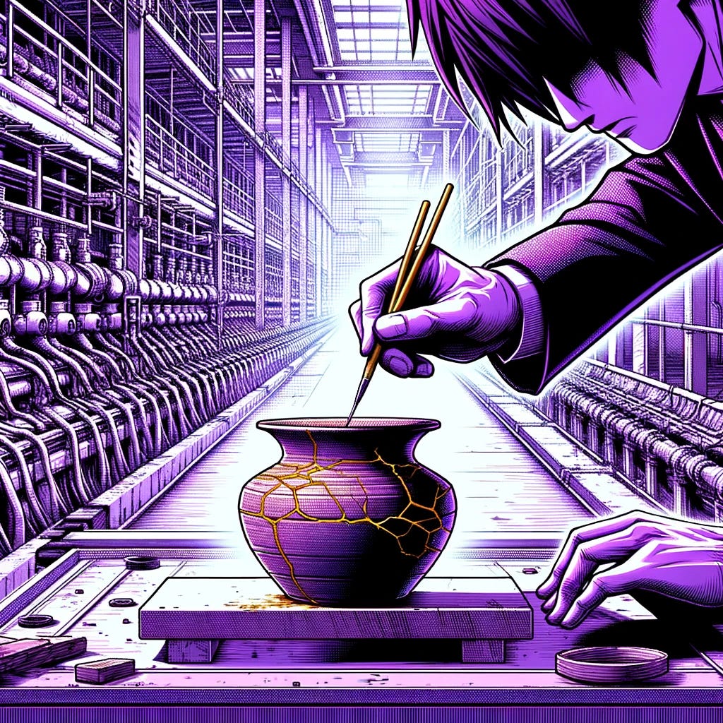 Create an image that combines the manga art style with the concept of Kintsugi, set in the same industrial factory with purple hues. The scene should feature a piece of pottery being repaired with golden seams, rendered in a style reminiscent of manga, with expressive lines and dramatic shading. The manga influence should be evident in the stylization of the objects and any figures present, while maintaining the detailed, realistic background of the factory setting. The purple lighting should add atmospheric depth, enhancing the manga aesthetics while preserving the essence of the Matrix-inspired environment.
