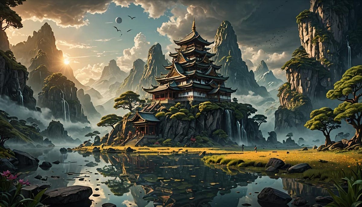 Fantasy scene, temple in the mountains