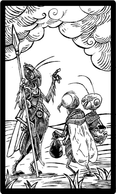 A black and white line drawing of a dragonfly knight demanding bags of money from some medieval-looking ants and flies