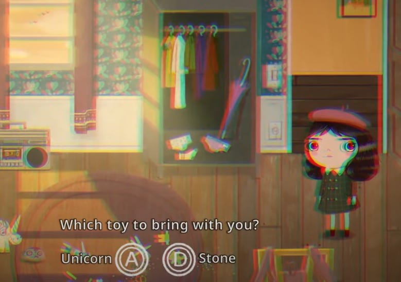 A choice screen in Little Misfortune, where the visuals on the screen have become distorted. The text reads: which toy to bring with you? A: Unicorn. D: Stone