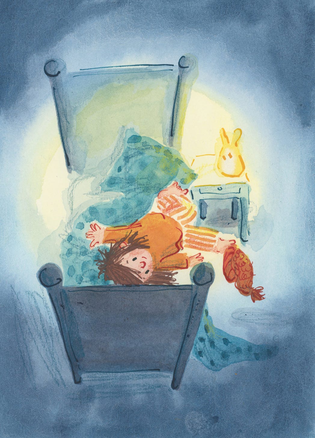 Child lying upside down in bed holding a woollen hat in their toes. Soft glowing nightlight in a semi-dark bedroom. Loose painterly illustration by Nanette Regan