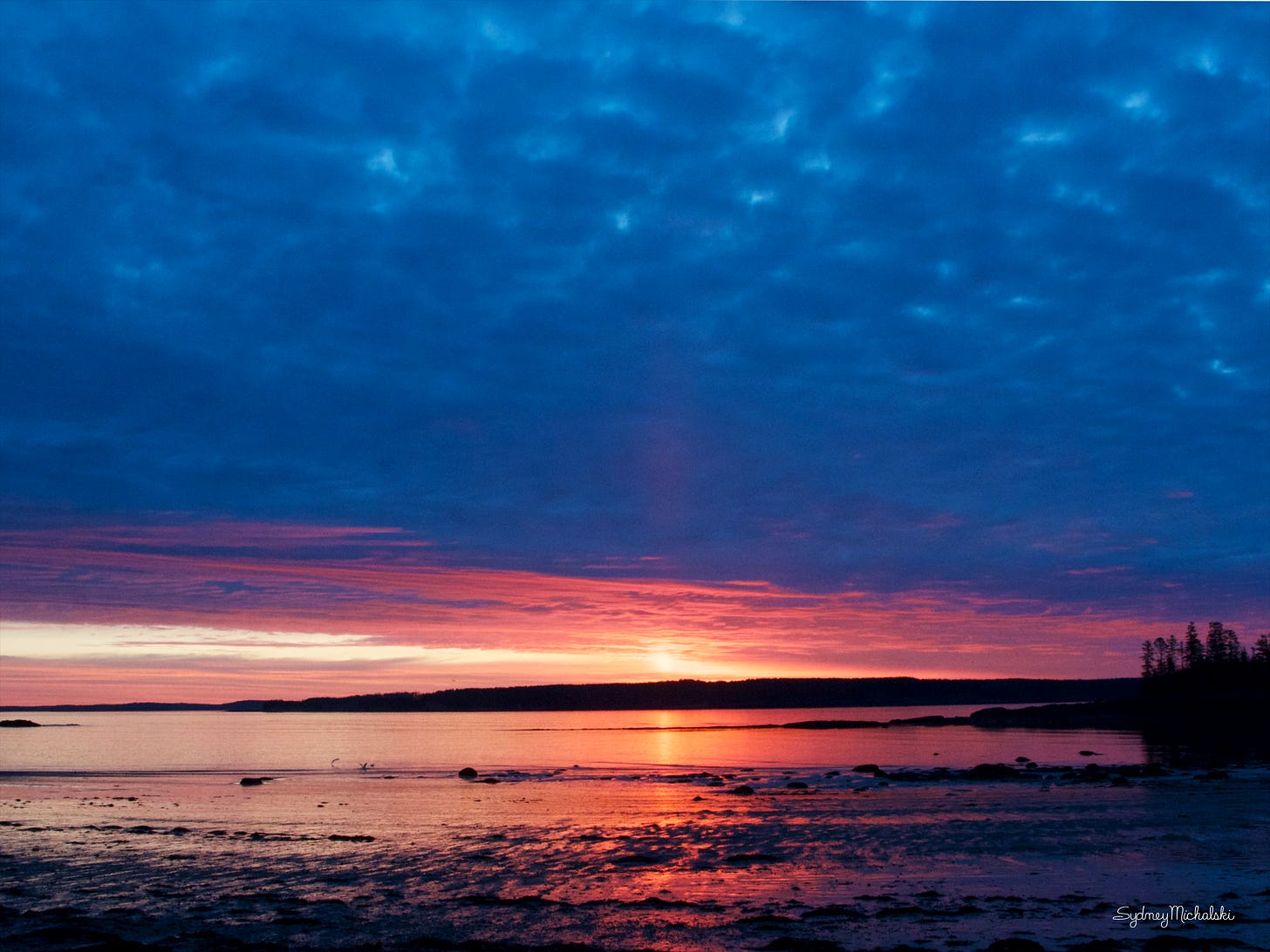 The first rosy glow of sunrise peeks between deep blue skies and waters.