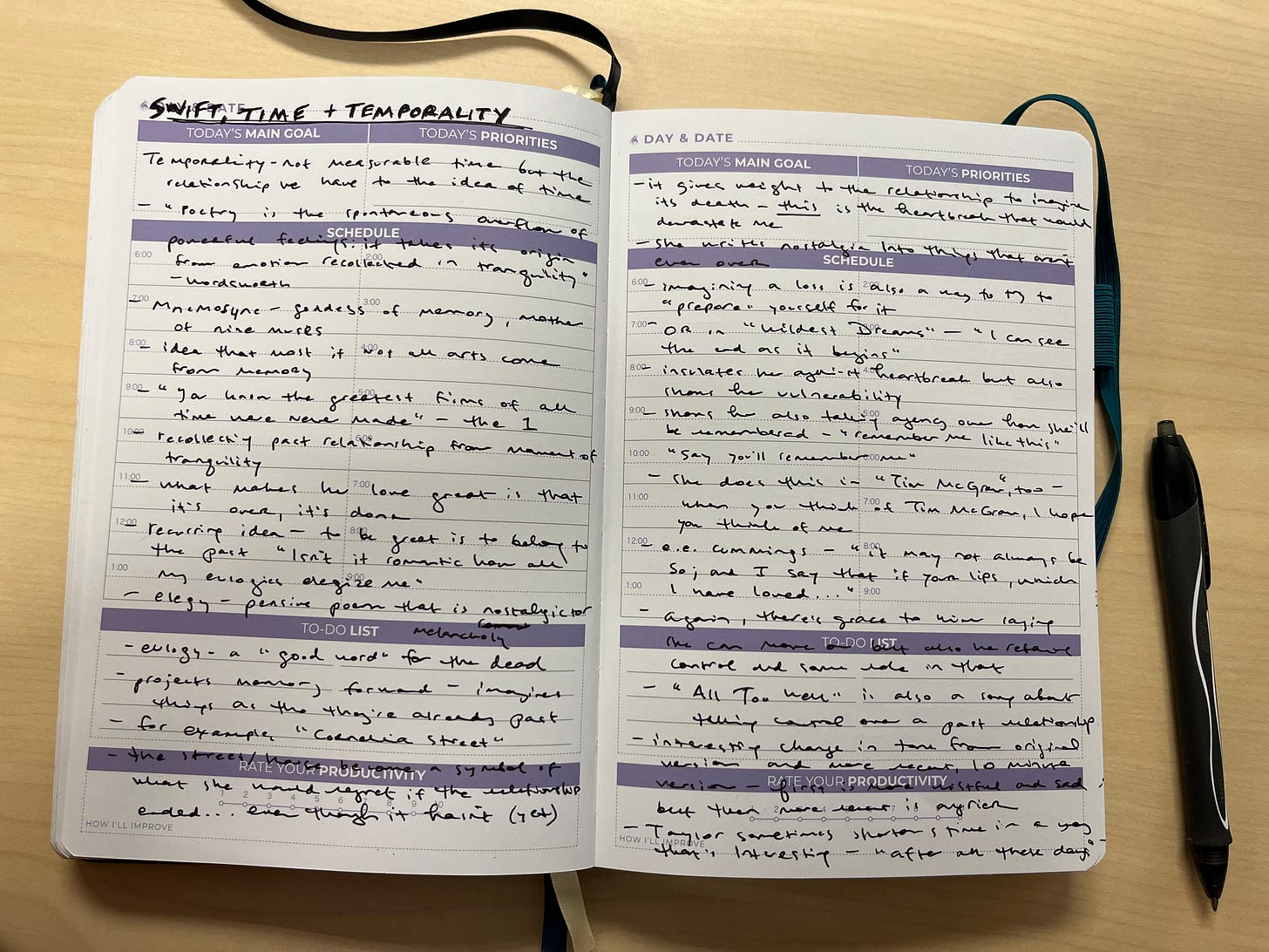Photo of my open planner with copious notes written down under the heading SWIFT, TIME + TEMPORALITY Photo of my open planner with copious notes written down under the heading SWIFT, TIME + TEMPORALITY