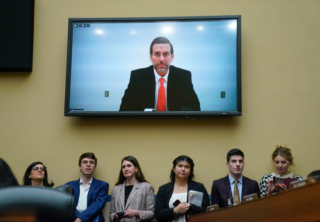 Jason Galanis testifying from an Alabama prison at the House Committee on Oversight and Accountability's hearing, with Anna Lührmann and other attendees present