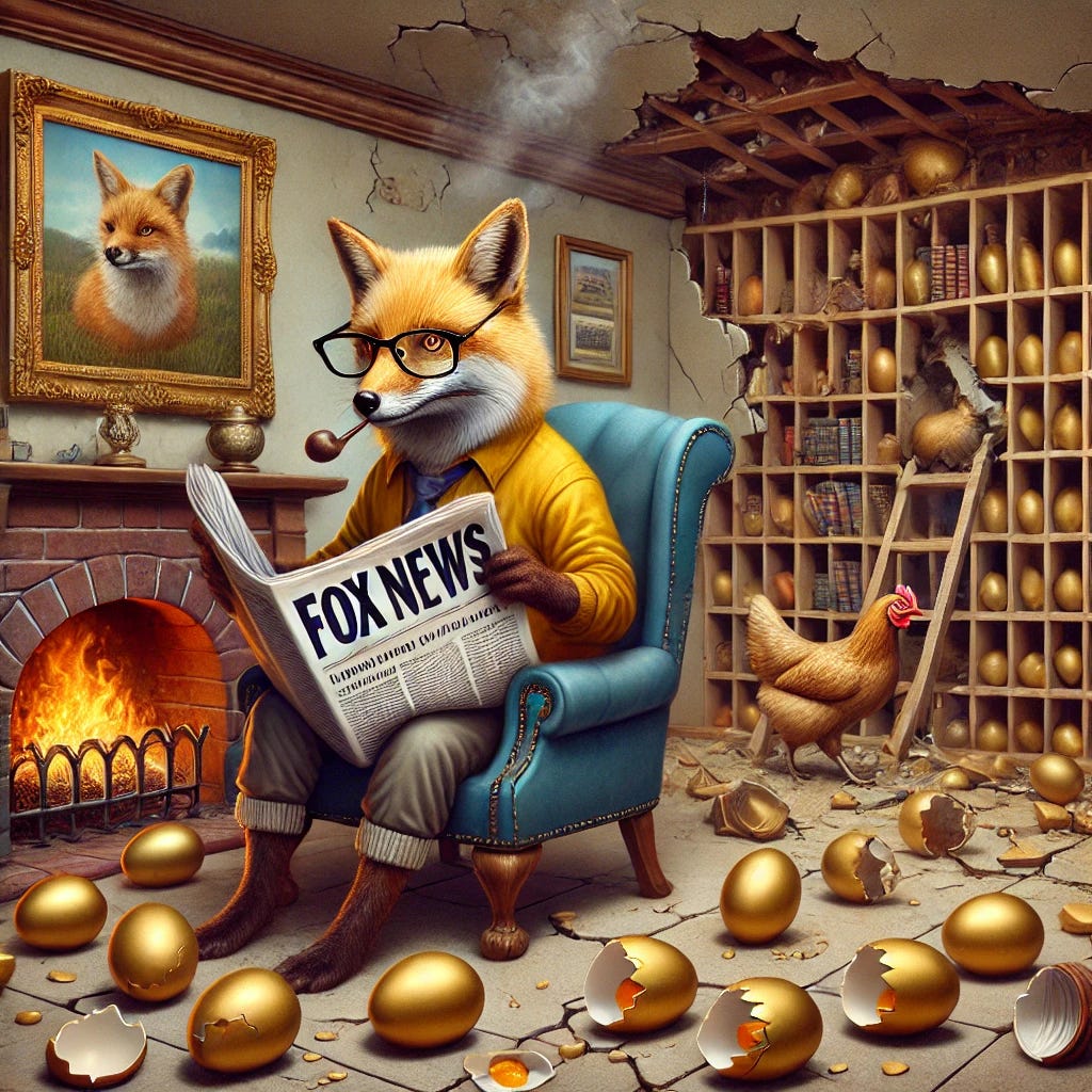 A surreal illustration of a fox sitting comfortably inside a lavish hen house, wearing reading glasses and holding a newspaper titled 'Fox News.' The hen house is well-furnished, with a cozy fireplace, a desk, and framed pictures of eggs on the walls. Instead of alarmed hens, there are golden eggs, but some are broken on the floor, their contents spilled. Shelves are cracked and collapsing, with books and valuables tumbling down. Cracks in the walls widen, and smoke rises from a spreading fire in the corner. The fox, still smug, remains unaware that its comfortable domain is crumbling around it, symbolizing inevitable self-destruction.