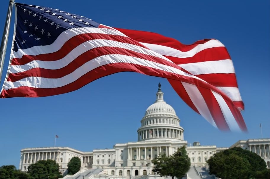 American flag waving in the foreground with the United States Capitol building in the background, symbolizing American politics and governance.