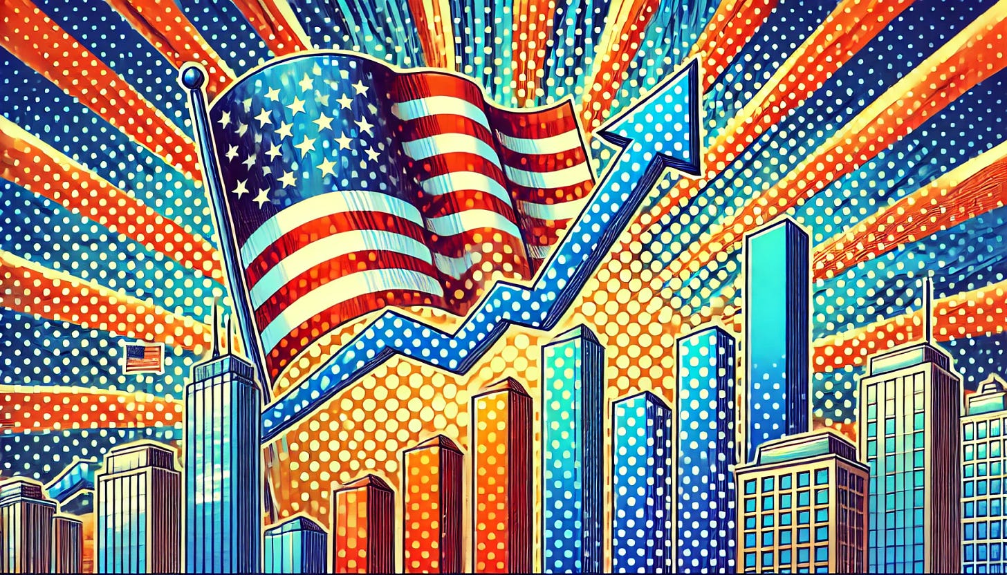 A vibrant, pop-art style 16:9 illustration depicting the economy of the United States growing. Show upward moving graphs, tall buildings, and the U.S. flag prominently displayed, with a sense of dynamic economic progress.