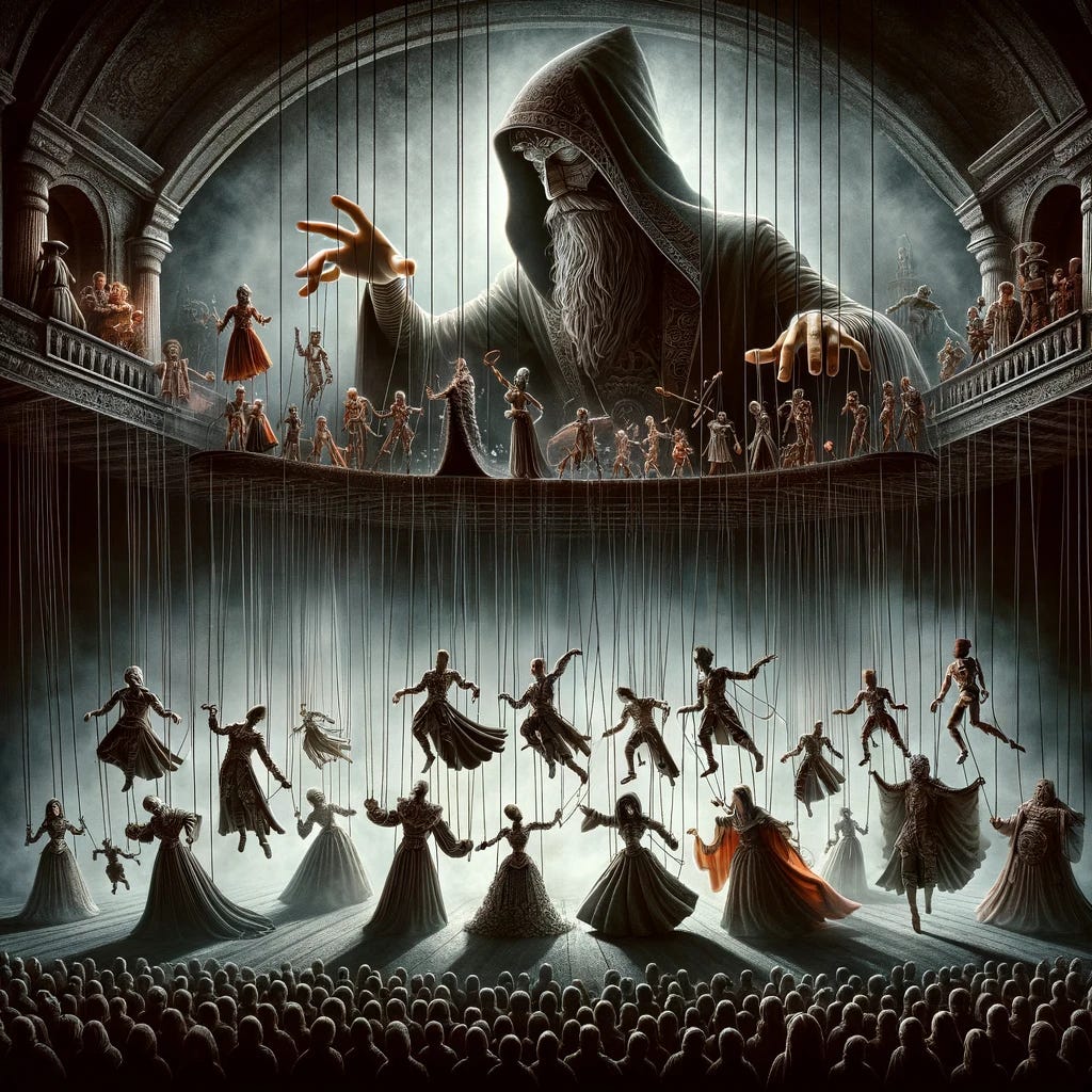 An imaginative depiction of a puppet master, clad in an enigmatic costume, orchestrating an elaborate performance with numerous strings extending from his fingertips to a diverse array of marionettes. The scene unfolds on a grand stage, illuminated by dramatic lighting, highlighting the intricate movements of the puppets, which are engaged in various acts of a theatrical production. Each puppet, detailed and unique, represents a character in the story being told, from heroic figures to mystical creatures. The puppet master stands elevated above the stage on a platform, showcasing his control and mastery over the performance, his face partially obscured by a shadow, adding a sense of mystery and magic to the scene.