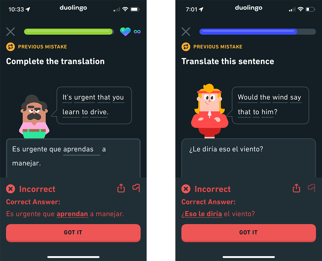 2 screen shots from Duolingo, side by side, of exercises marked wrong. The left one translates "It's urgent that you learn to drive" as "Es urgente que aprendas a manejar", but Duolingo said the correct answer is "Es urgente que aprendan a manejar." The right one translates "Would the wind say that to him?" as "¿Le diría eso el viento?", but the app required the answer "¿Eso le diría el viento?"