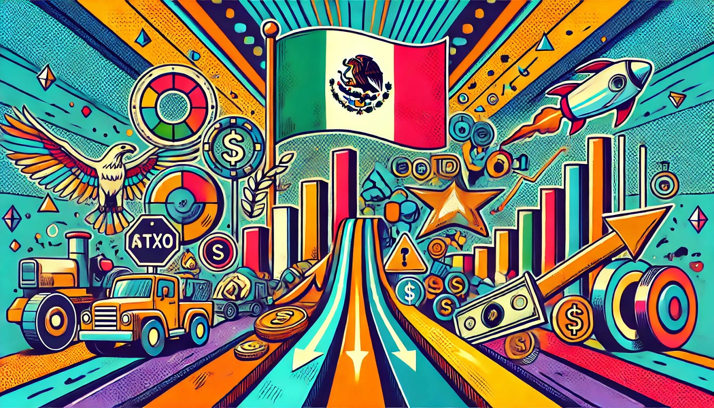 A stylized rectangular image representing 'Los Retos que Enfrentará México en este sexenio: ¿Qué nos espera en el terreno económico?' in a pop-art style. The image should feature symbols of the Mexican economy, such as the Mexican flag, money, and financial charts. Include visual elements that represent challenges, like a road with obstacles or uphill arrows. Use vibrant, bold colors to reflect the complexity of the economic landscape. Ensure all text is correctly spelled and reviewed for accuracy multiple times.