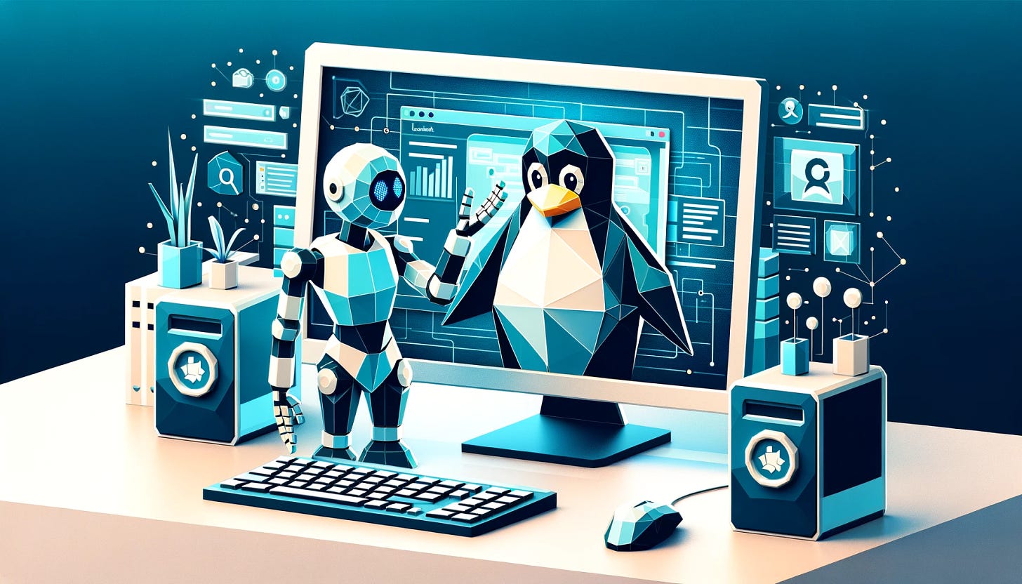 A landscape-oriented, low poly style illustration representing the concept of Linux Copilot, an AI assistant for the Linux desktop. The image features a stylized computer screen with the iconic Linux Tux penguin, alongside a friendly robot representing the AI assistant. The robot is depicted as engaging with the Linux interface, symbolizing assistance and collaboration. The setting is a minimalistic desktop environment, with hints of digital elements to emphasize the AI and technology theme. The low poly style adds a modern and artistic touch to the illustration, keeping it vibrant and visually appealing.
