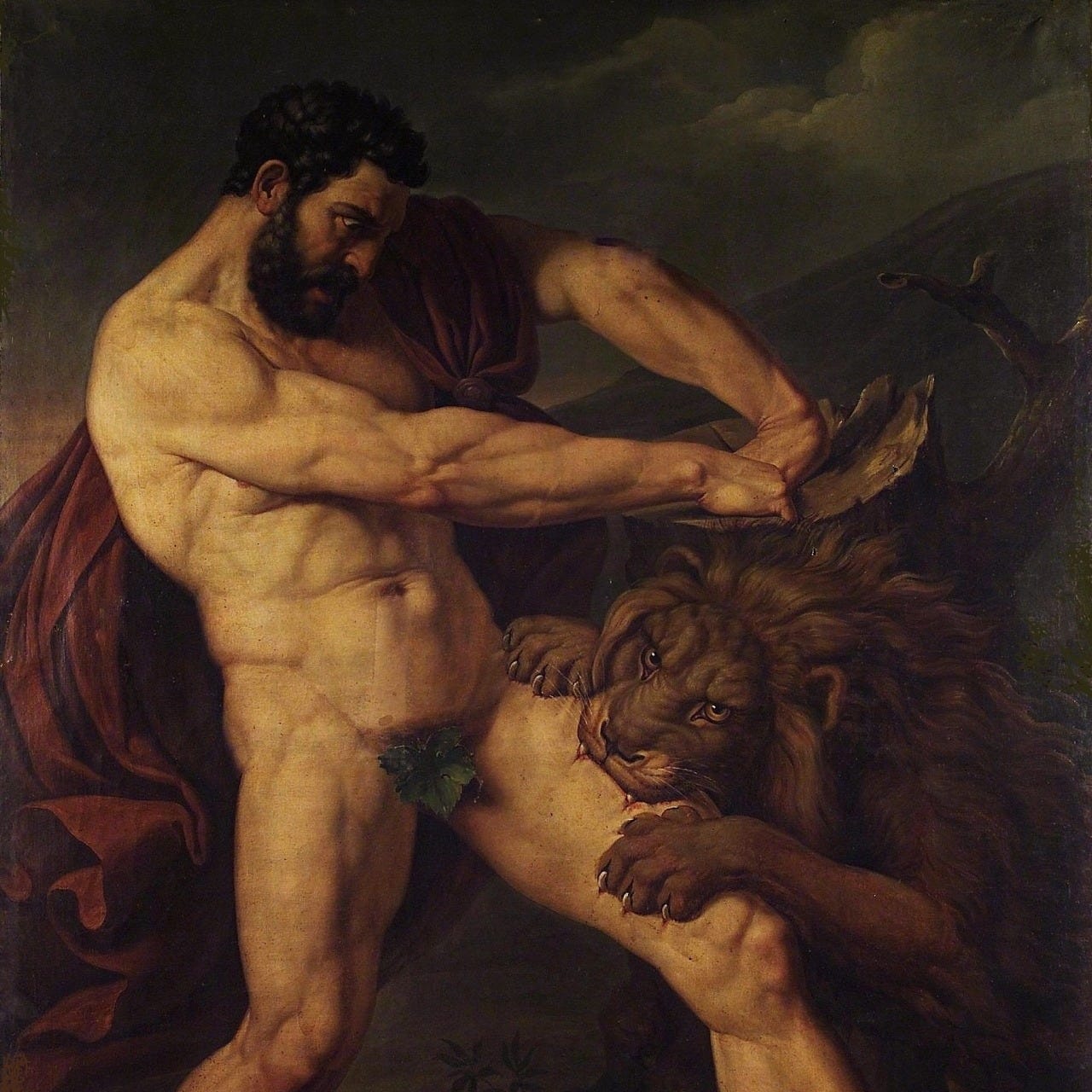 A painting of a buff man, wearing nothing but a cape round his neck, a fig leaf lower down, and a lion embedded in his thigh.