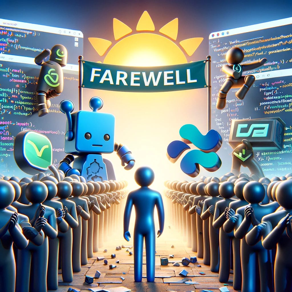 A 3D representation of a farewell scene for VBScript with elements like a farewell banner. In the foreground, JavaScript and PowerShell are depicted as welcoming figures. The background can feature elements like code snippets or computer screens to symbolize the programming environment. Include the logos of VBScript, JavaScript, and PowerShell prominently in the scene. The overall scene should convey a sense of transition and welcome to new technologies, without any hands or cyber tech elements.