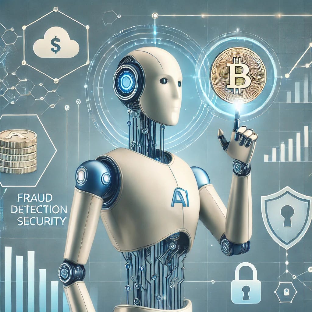 A balanced and professional illustration representing the impact of AI on personal finance. The image shows a futuristic AI robot holding a coin on one hand, representing financial growth and opportunities, and a shield on the other, symbolizing fraud detection and security. Behind the robot, there are subtle graphics of investment charts, digital data flows, and a lock symbolizing data privacy. The design is clean with a modern feel, using soft tones of blue, gray, and metallic accents to convey a sense of technology and innovation in the financial world.