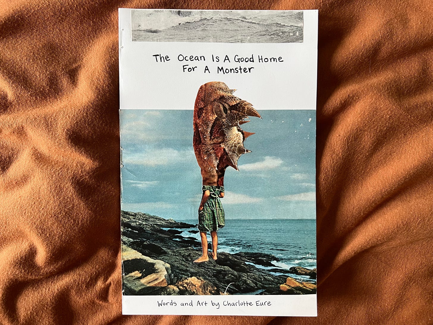 a comic cover with title "The Occean Is A Good Home For A Monster" and under the text is a collage of a person in a dress with some of giant lizard head. she is standing on rocks at the shore of the ocean.