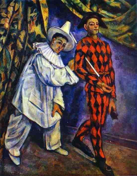 Oil painting of a clown and a harlequin. The clown on the left hand side all in white, a long smock and trousers, a large neck ruff and a white hat. He is touching the back of the arm of the harlequin who stands in front of him erect and proud. The harlequin is on the right hand side in a red and black patterned all-in-one and black hat, a walking stick in the crook of his arm. Behind them is folded a brightly coloured curtain as if they're on stage.