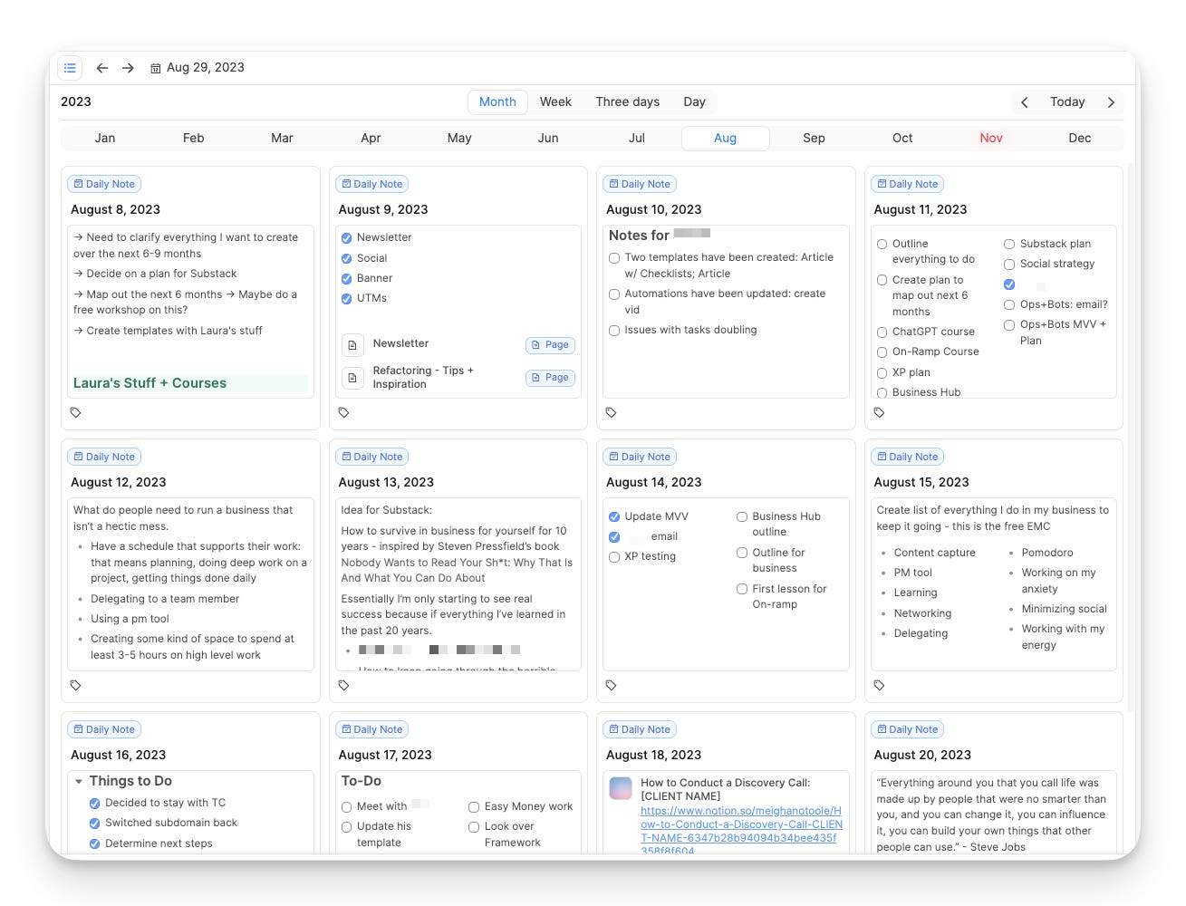 A screenshot of Capacities calendar feature
