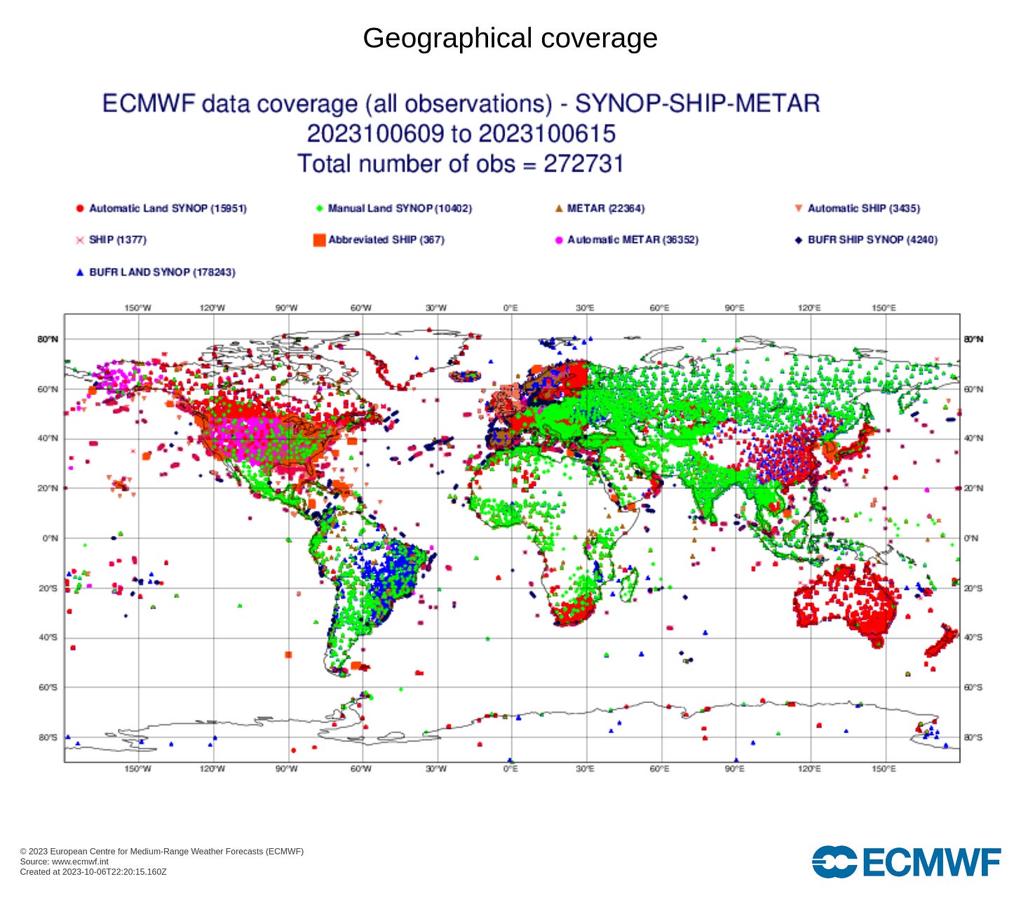 Geographical coverage of the ECMWF observation system for October 6, 2023. There are hundreds of dots scattered around the globe.