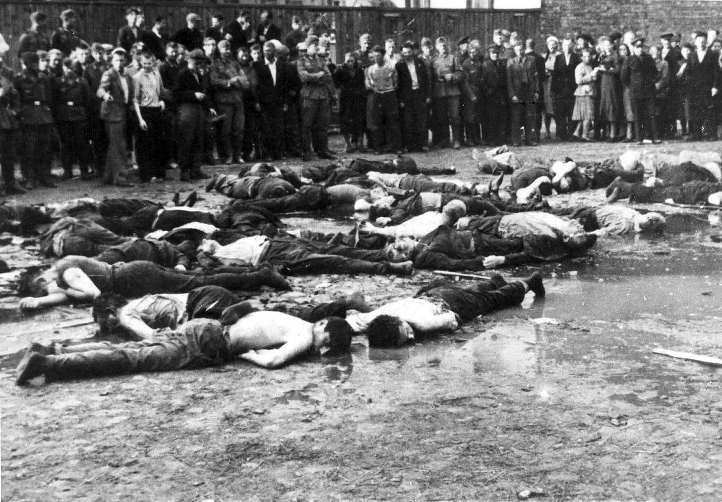Crowd views the aftermath of a massacre at Lietukis Garage, where pro-German Lithuanian nationalists killed more than 40-60 Jewish men.