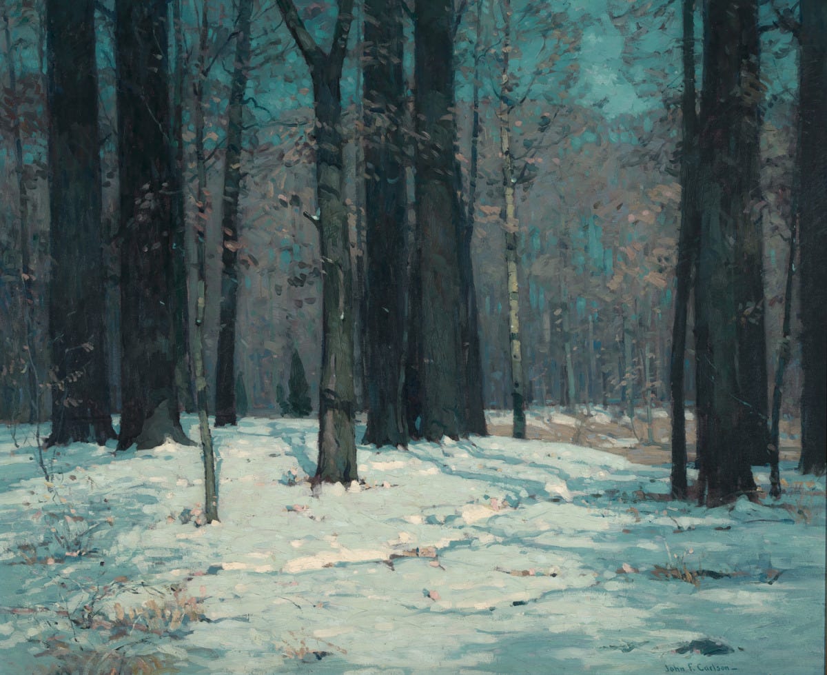 An oil painting of a woodland, the ground is covered in snow and the light looks soft and blue.