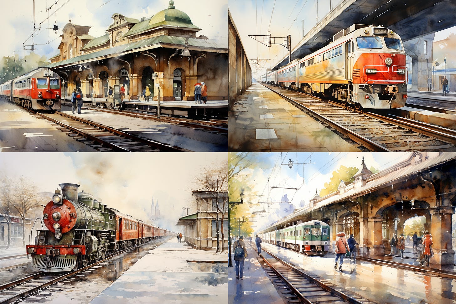 Four-image Midjourney grid of watercolor paintings of train stations