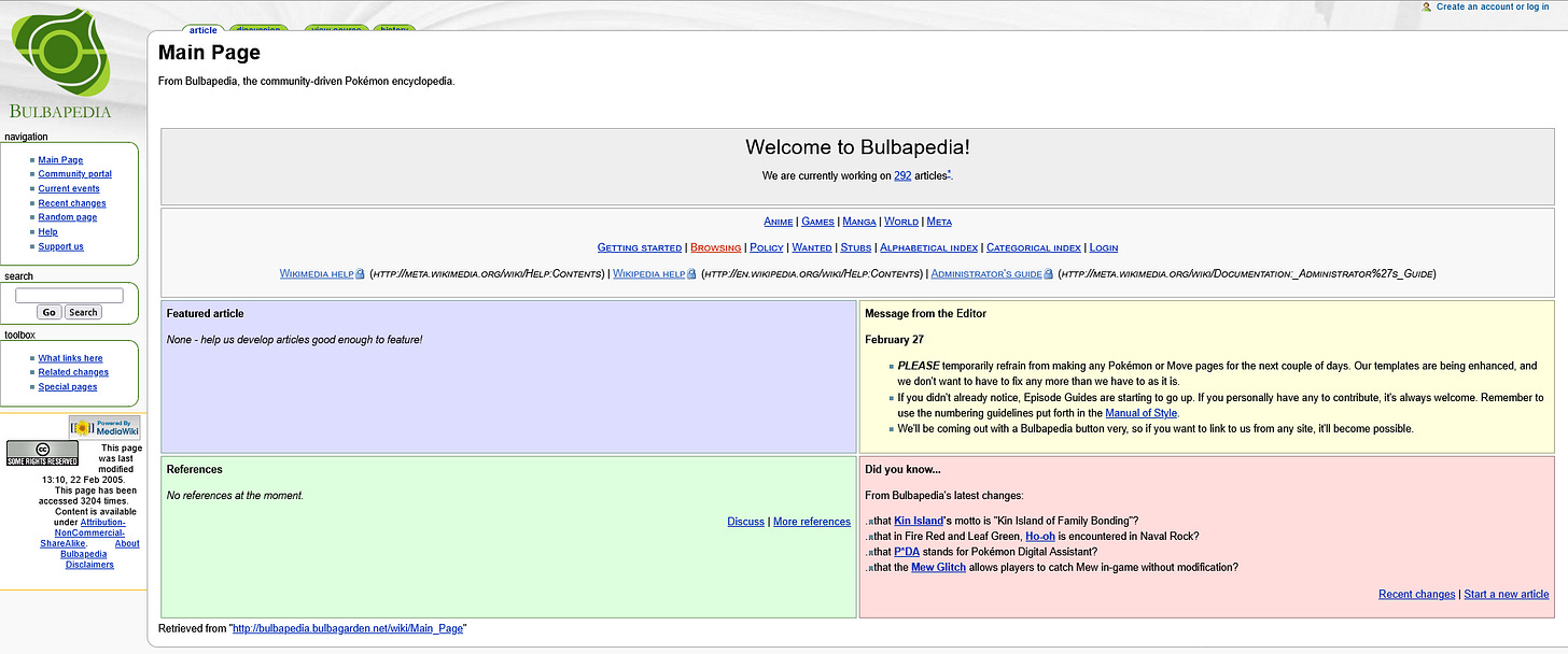 Bulbapedia, February 2005