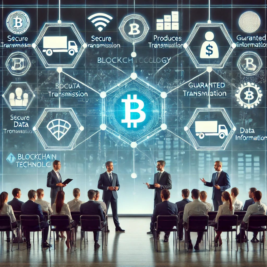 A professional business conference about blockchain technology in the supply chain. Show business professionals discussing on stage with digital screens displaying blockchain networks connecting producers and consumers. Include symbols of secure data transmission and guaranteed information. Modern, professional atmosphere with shades of blue and white.