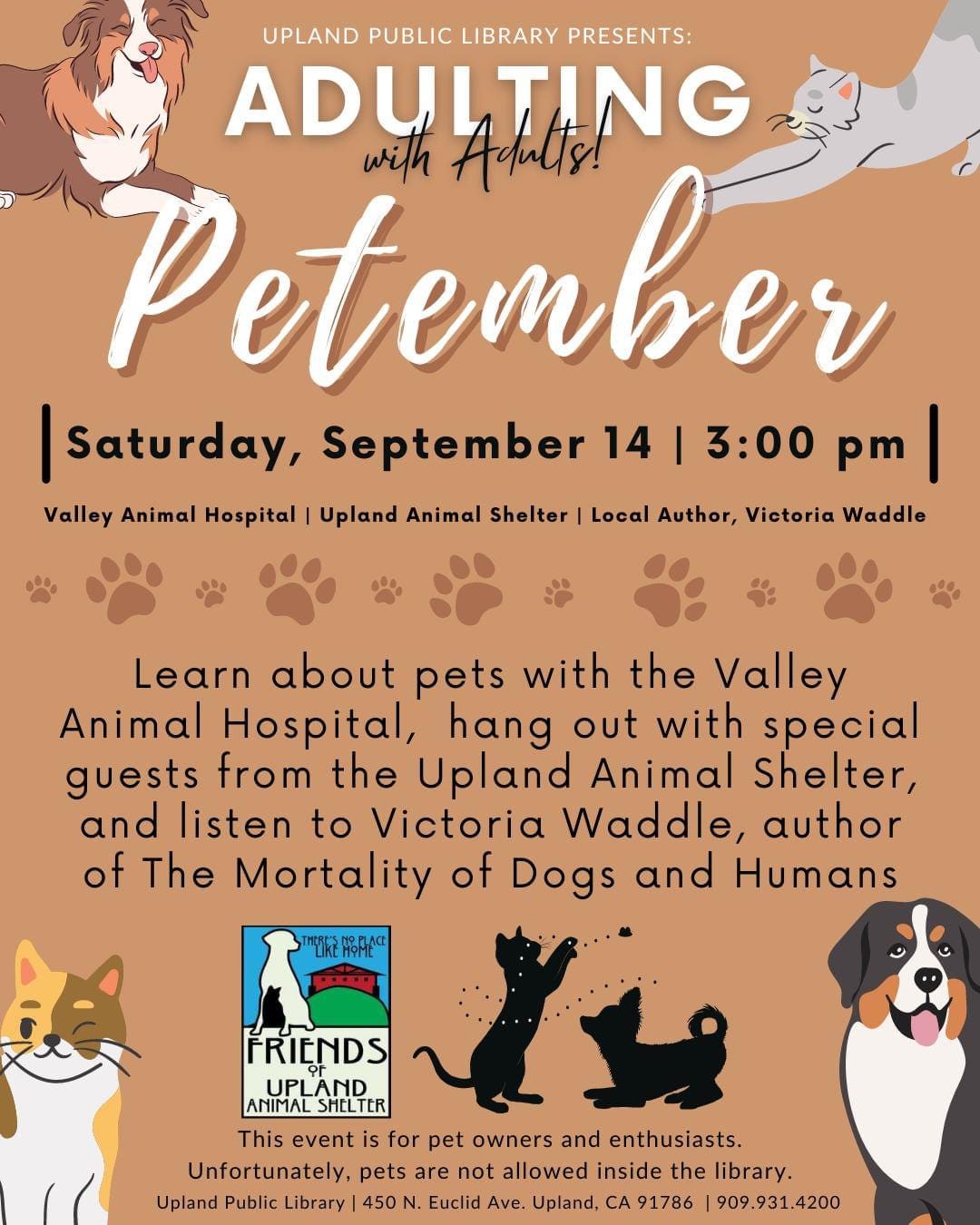 Flyer for an event at Upland Library on sept. 14 at 3 PM. “Petember.”