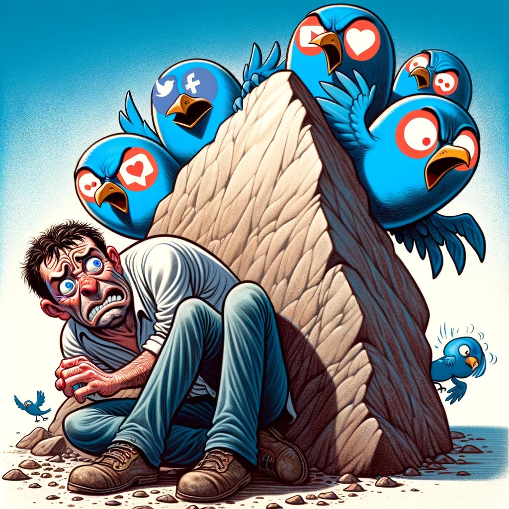 A cartoon illustration of a scared man crouching behind a rock, with a flock of blue social media birds flying menacingly from the right. The man is depicted in a humorous, exaggerated cartoon style, showing a wide-eyed, terrified expression as he huddles behind the rock. The rock is large and provides just enough cover for him. From the right side of the image, a flock of cartoonish blue birds, representing social media, is swooping in. These birds are stylized with symbols of likes, shares, and comments on their bodies, and their expressions and postures are menacing and aggressive, adding a humorous yet poignant commentary on the overwhelming nature of social media. The background is simple, focusing the viewer's attention on the interaction between the scared man and the approaching birds.