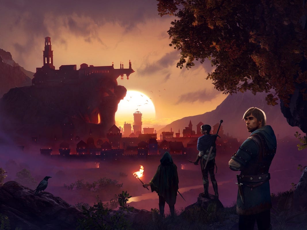 Enderal cover image. Blog article about Enderal. Major side characters watching a beautiful sunset. They can appreciate beauty in the face of impending doom.