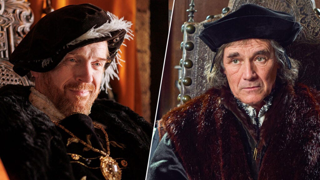 Split color photo with actor Damian Lewis as King Henry VIII on left, actor Mark Rylance as Thomas Cromwell on the right. The men reprise their roles in Wolf Hall: The Mirror and the Light on MASTERPIECE on PBS.