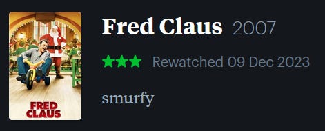 screenshot of LetterBoxd review of Fred Claus, watched December 9, 2023: smurfy