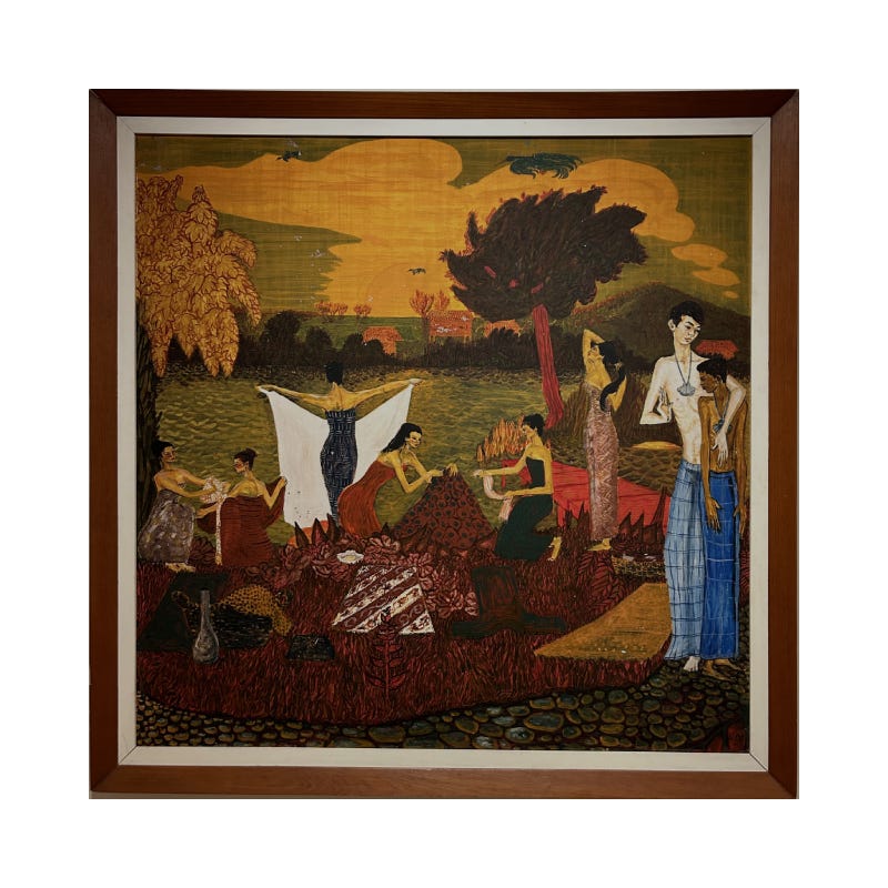 Membasoh Kain di Tepi Sungai (Washing Cloths by the River), an oil painting by Patrick Ng Kah Onn
