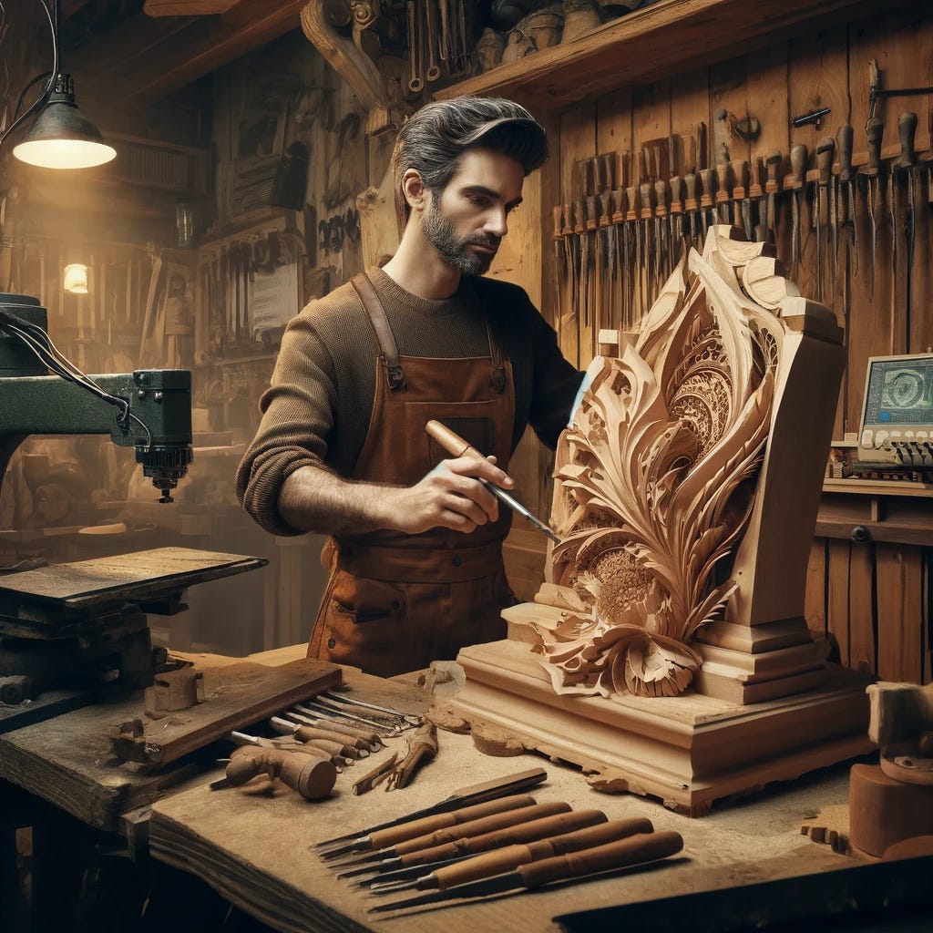 In a warmly lit, classic woodworking shop, a master craftsman is seen working intently on a beautifully intricate wooden sculpture. He is surrounded by a variety of traditional tools - chisels, hammers, and saws, as well as a modern computer and a robotic arm, seamlessly integrating into his workflow. The craftsman is focused, with a look of determination and creativity on his face, embodying the harmony between traditional craftsmanship and modern technology. This image captures the essence of using tools, both old and new, as extensions of one's skill and creativity, enhancing the ability to bring visions to life more efficiently and effectively.