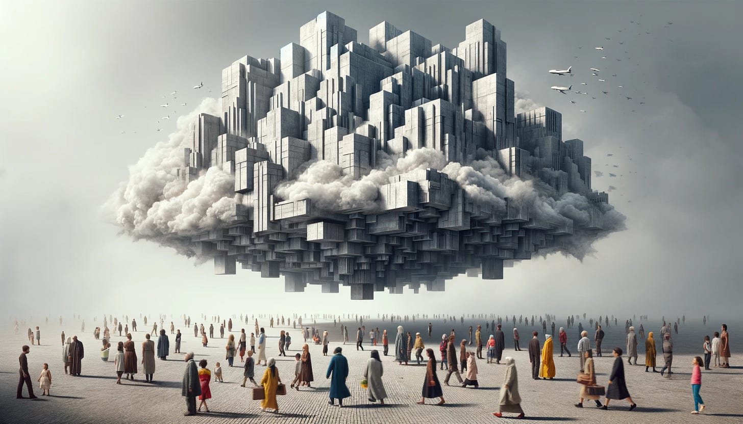 A brutalist cloud city, characterized by its stark, block-like structures and geometric shapes, floats ominously in the sky. Below, a diverse group of ordinary people of various descents and genders go about their daily lives, seemingly unaware of the massive, concrete city suspended above them. The contrast between the heavy, imposing architecture in the sky and the bustling, ordinary street scene below creates a surreal and thought-provoking image.