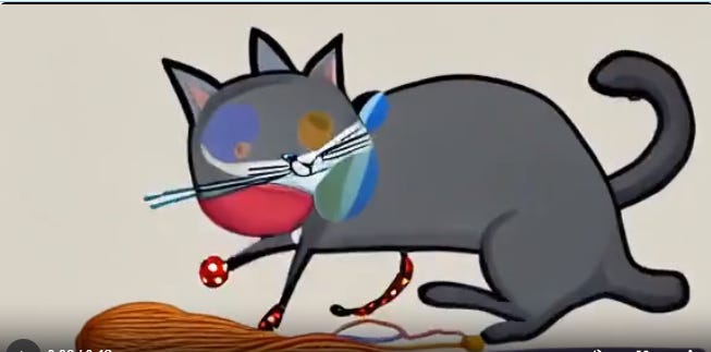 Screenshot of a FullJourney video of a cat chasing yarn