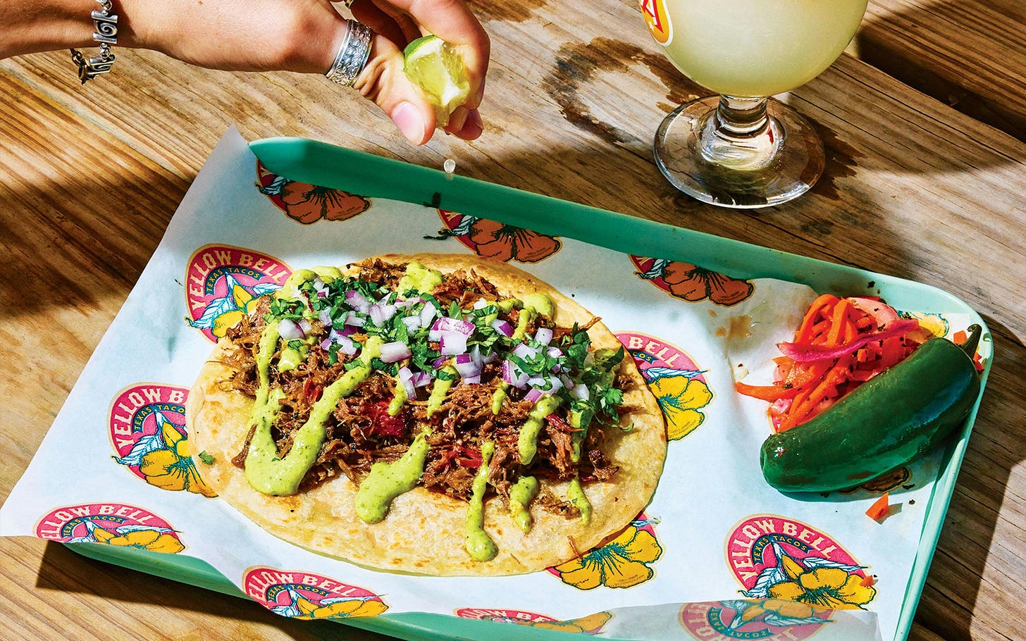 The smoked lamb taco at Yellow Bell Tacos, in Austin. Photograph by Isa Zapata