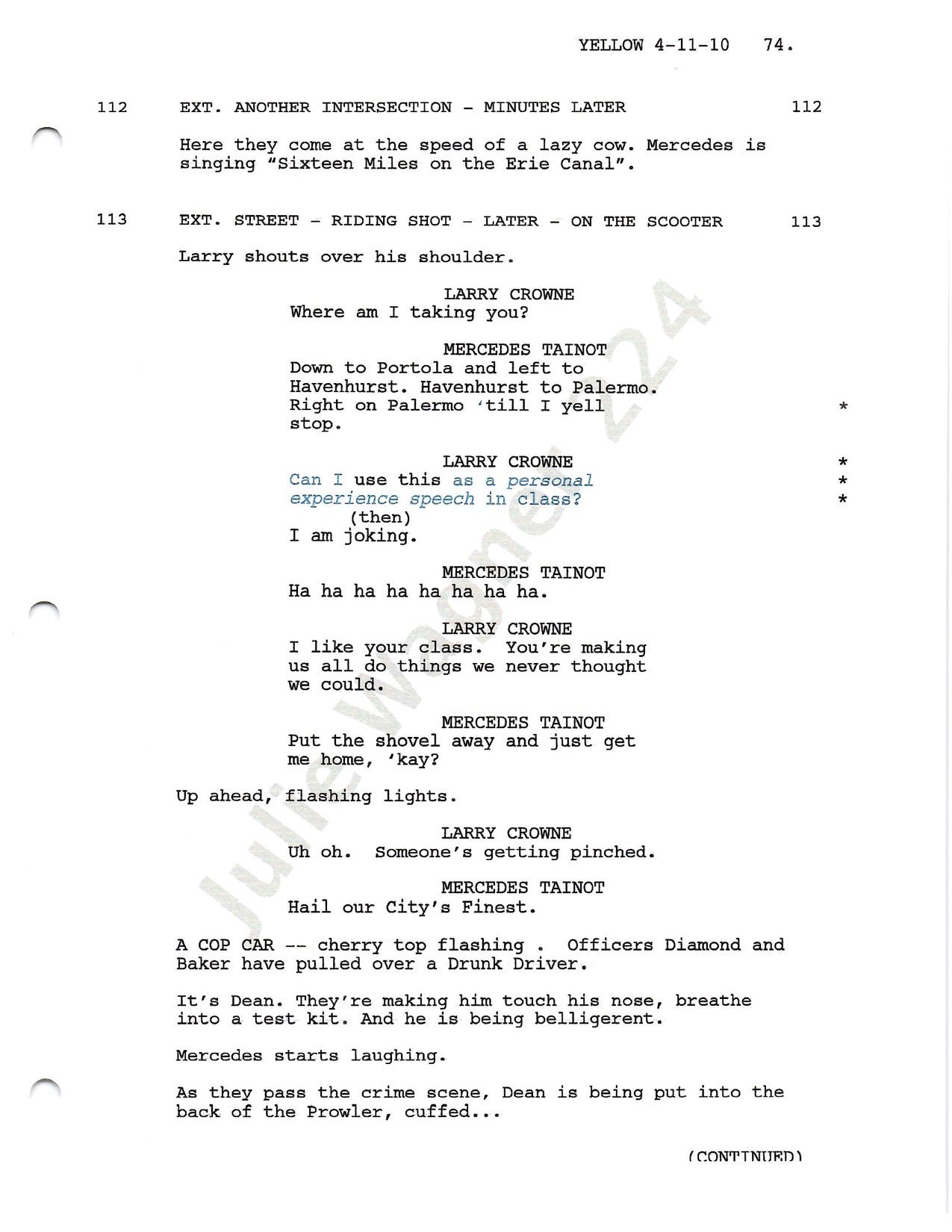 A page of the production used screenplay used by Julie Wagner for the movie Larry Crowne starring Tom Hanks, Julia Roberts, and other great cast members like Brian Cranston