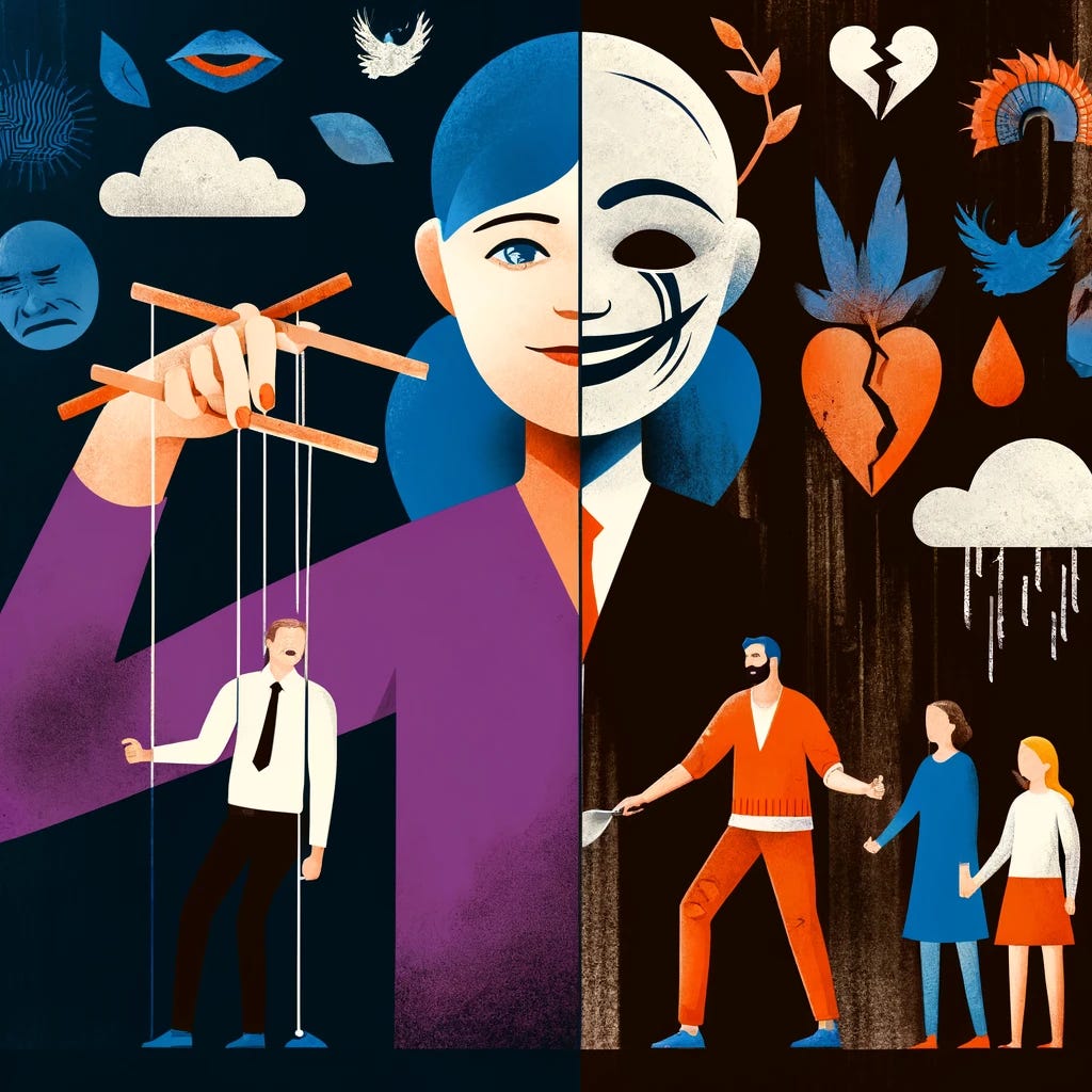 A conceptual illustration representing the destructive dynamics of a female covert narcissist in a marriage. The image features a split scene: on one side, a woman with a manipulative smile, holding puppet strings controlling a man and children, symbolizing manipulation and control. On the other side, the man appears distressed and isolated, surrounded by shadows that represent emotional turmoil and confusion. The background includes symbolic elements like broken hearts, masks, and chains, reflecting themes of emotional abuse, guilt, and manipulation. The color palette is dark and moody, emphasizing the heaviness of the situation, but with a hint of light breaking through, representing hope and recovery.