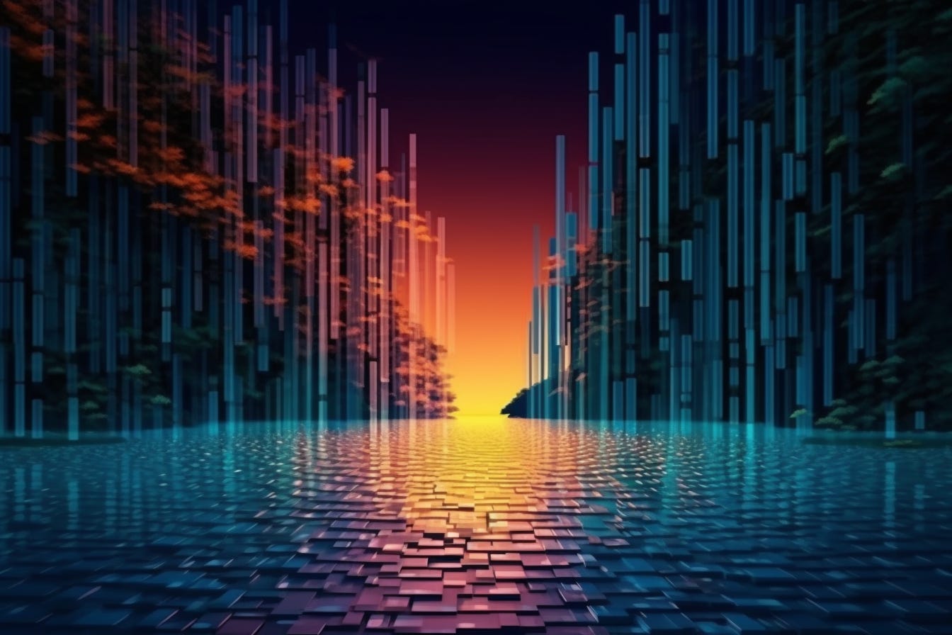 Paper quilling waterfall flowing into a lake made of digital binary barcode data in the style of cryptopunk, synthwave vector dot matrix futuristic landscape art, 3d, highly detailed, algorithmic symmetry, cinematic lighting, 8k