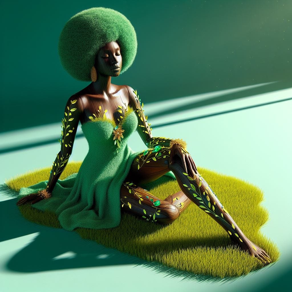 Hyper realistic wooden statue of black woman in sitting in green dress made of grass in grass. loose afro turning into leaves of tree. She is becoming a tree and casting a shadow of leaves Grassy earth with woman, made of grass.She is one with the ground. Grass is chartrues and mint green and naples yellow, vibrant yellow. green crystal broach on her dress.Sunny day.Luminescent