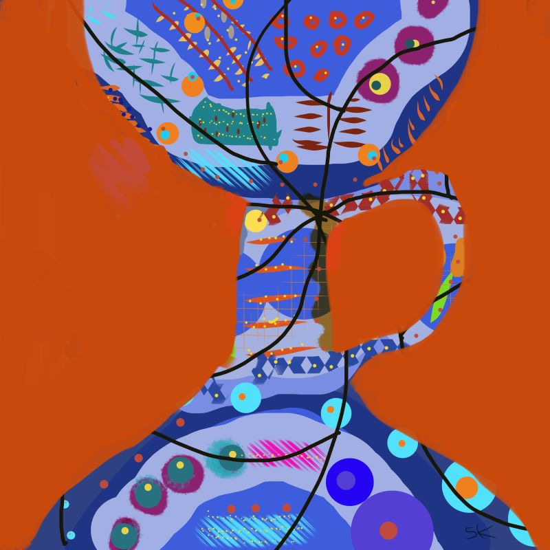 Abstract painting by Sherry Killam Arts depicting an exaggerated goblet with blue geometric details against an orange background.