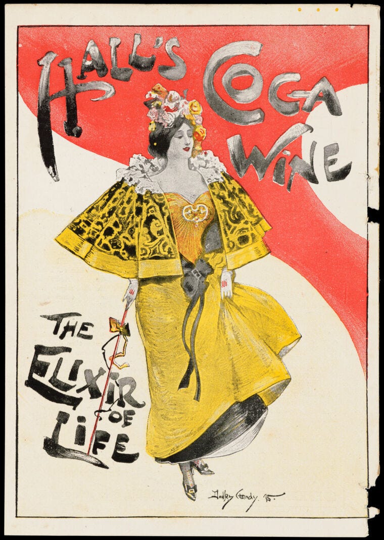 The cover of an advertising leaflet for Hall's Wine, showing a young woman in a Japanese style in an ornate yellow dress with a short cape, flowers in her hair against a swirl of red.