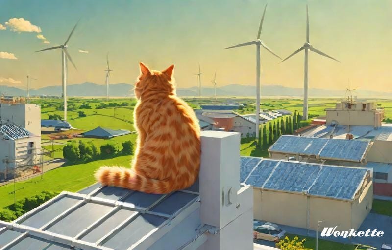 An AI-generated "painting" of an orange tabby cat sitting on a rooftop solar panel, its back to the viewer as it looks out on a sunny vista of solar-roofed buildings, wind turbines, and green fields 