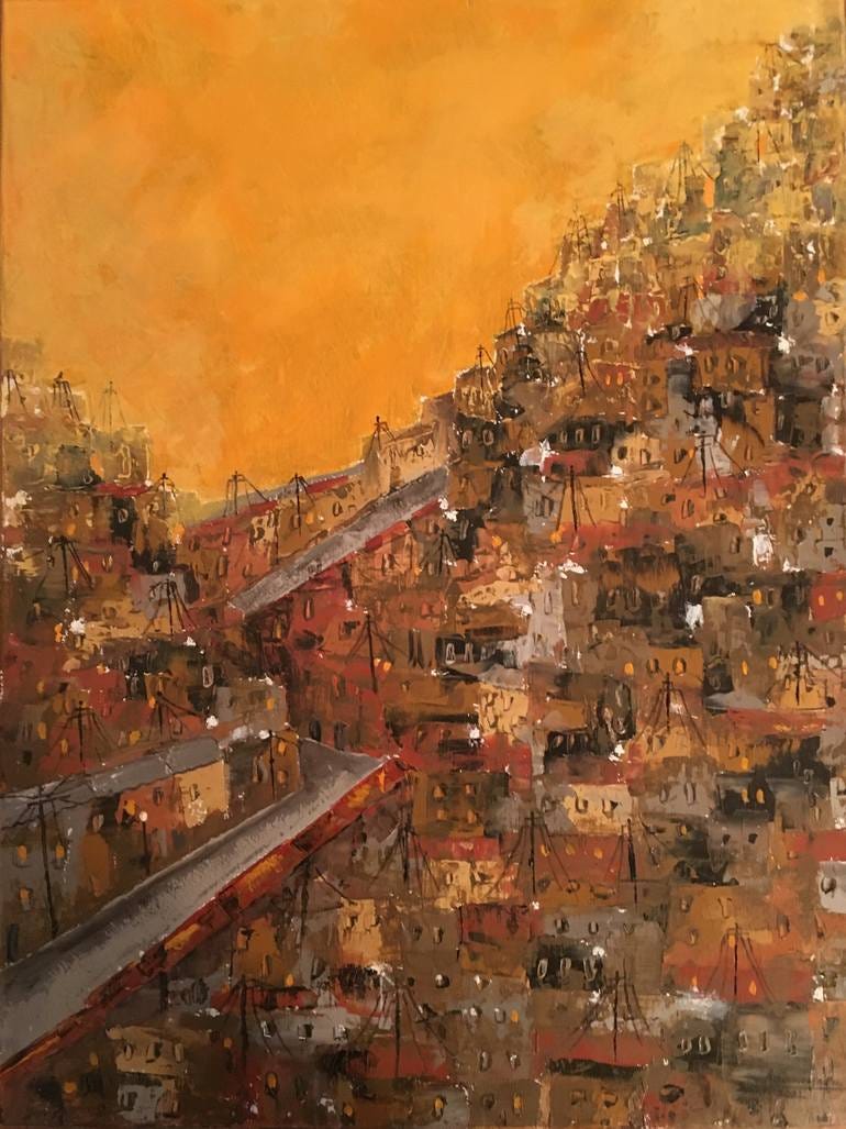 Sunset at Favela Prazeres Painting by Patrick Bornemann | Saatchi Art
