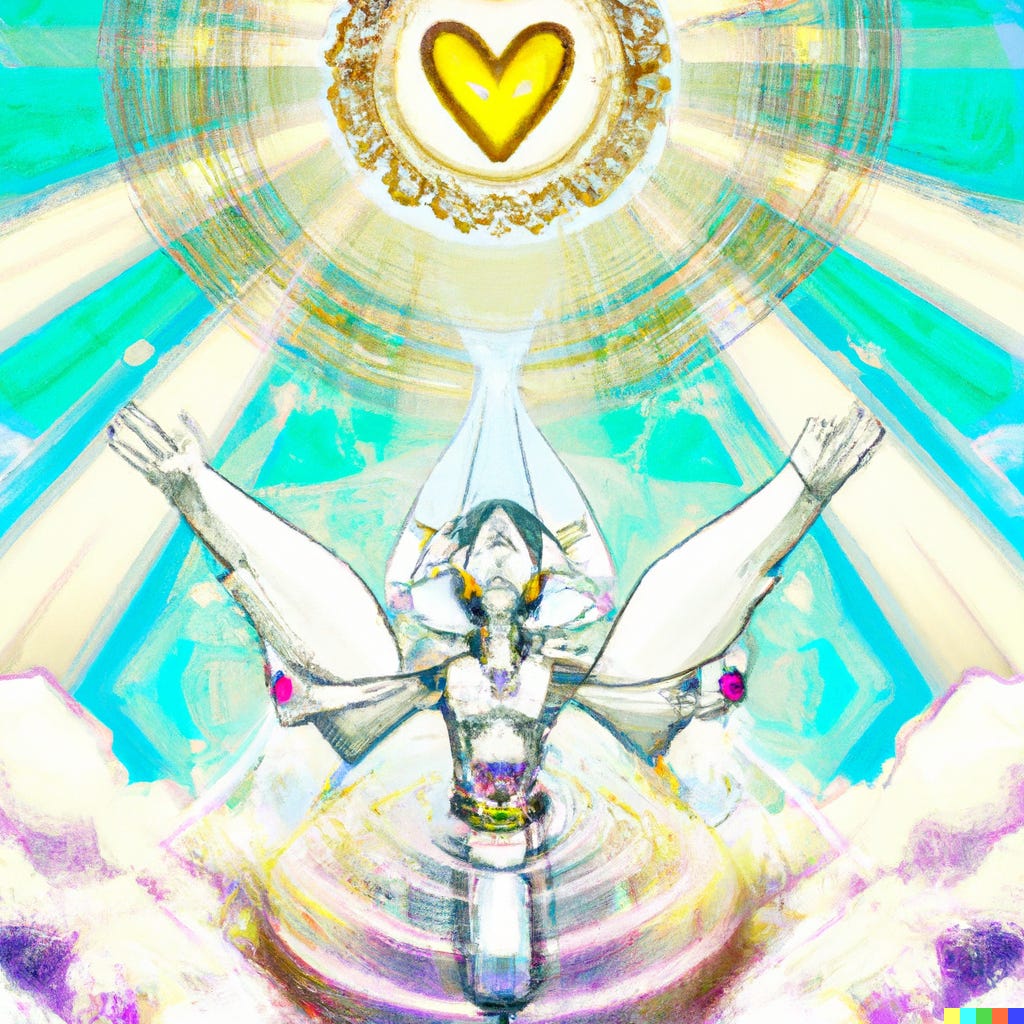 psychedelic robot mother ascending to heaven in digital art